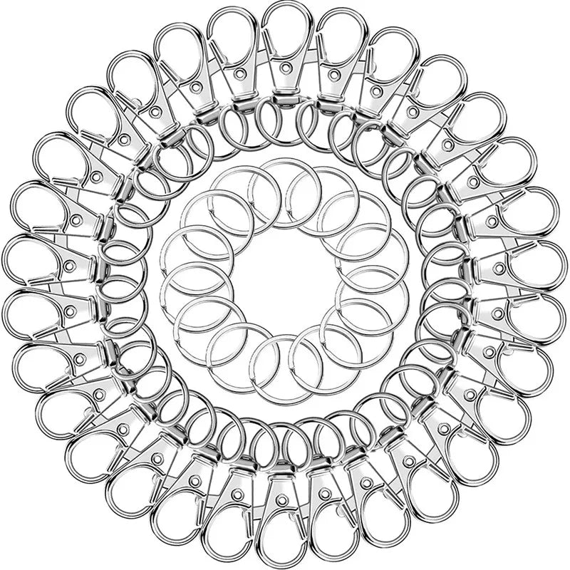 A circular arrangement of premium metal swivel snap hooks with key rings.