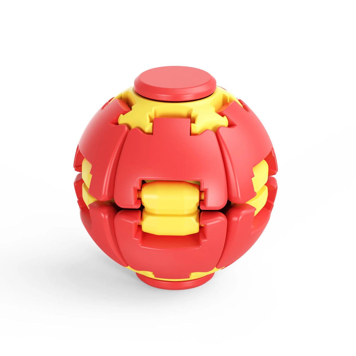 A red and yellow 3D gear ball fidget toy with a spiral design for stress relief.