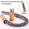A reusable potato chip snake toy made from a can, shown next to the product packaging.
