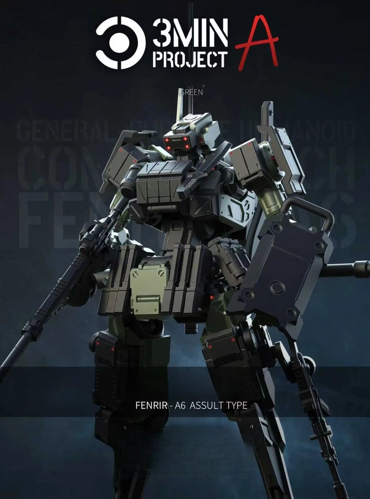 A detailed 3D render of the FENRIR A6 Assault Type mecha model kit, shown in a dark, dramatic lighting setup.