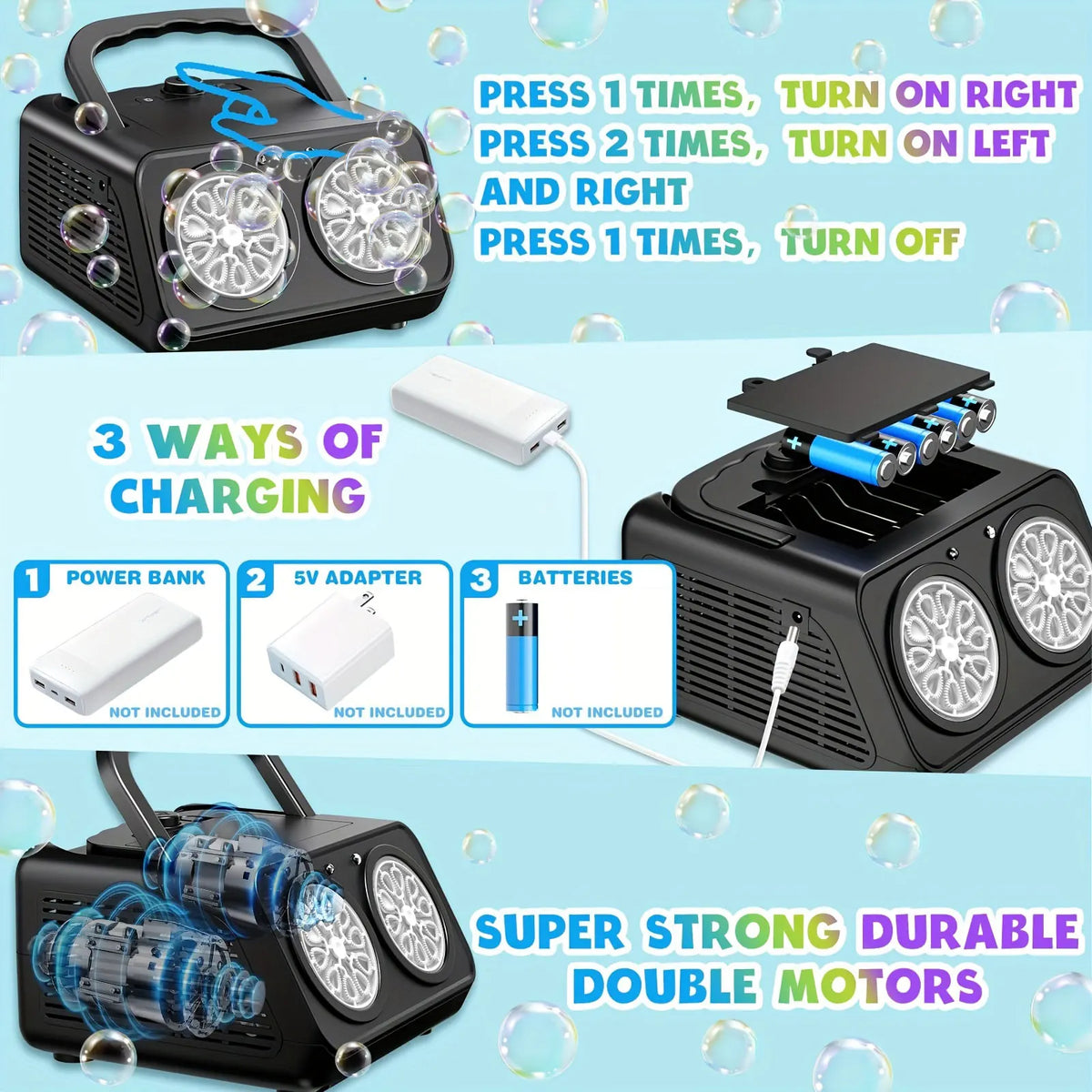 Automatic Bubble Machine with Dual Fans and LED Lights