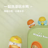 A yellow duck bath toy is shown with water flowing, next to a green bath tub.