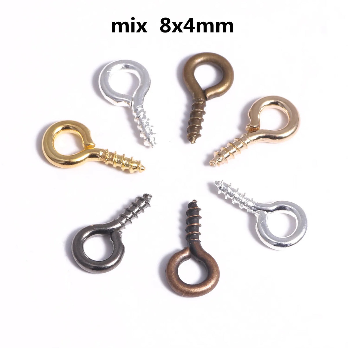 A collection of mix 8x4mm mini eye pins with screw threads for jewelry making in various metals.