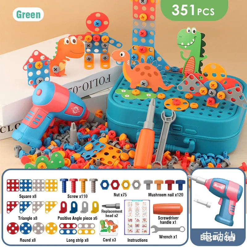 A set of dinosaur-themed drill and screw building toys featuring an electric drill, various tools, and building pieces.