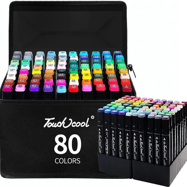 A black case containing 80 colors of double-tipped oily art markers for sketching and drawing.