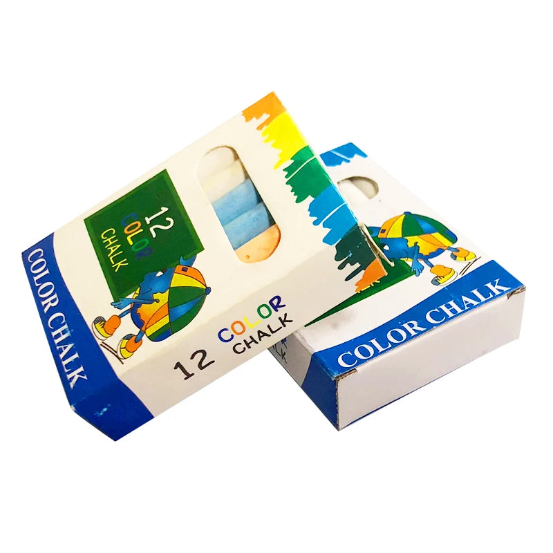 A box of 12 color chalk sticks with a storage container visible on a white background.