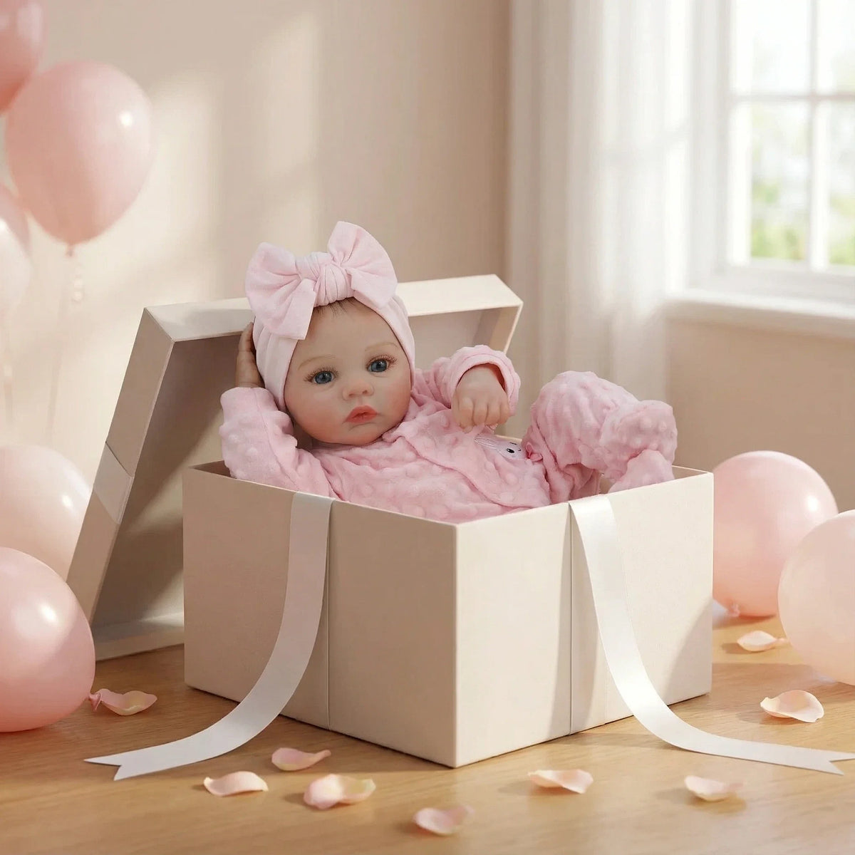 A pink baby doll is nestled in a cardboard box with pink balloons and tissue paper scattered around.