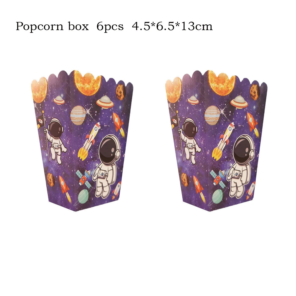 A pair of purple popcorn boxes decorated with outer space astronauts and planets for party decor.