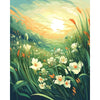 A vibrant landscape painting featuring tall green grasses and white flowers under a bright, warm sunset sky.