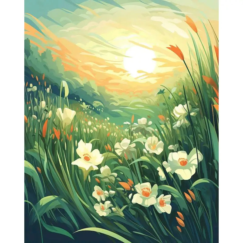 A vibrant landscape painting featuring tall green grasses and white flowers under a bright, warm sunset sky.