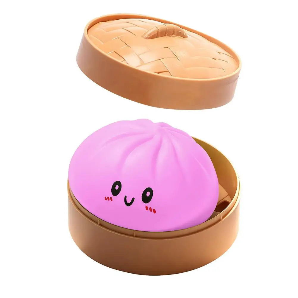 A pink sensory compress toy with a lid is shown in a brown container.