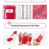 A set of diamond painting materials showing the process of finding, finishing, and placing diamonds on a plate.