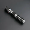 A black lightsaber with a silver hilt and blue accents, featuring a Darth Vader Neopixel blade and a soundboard.