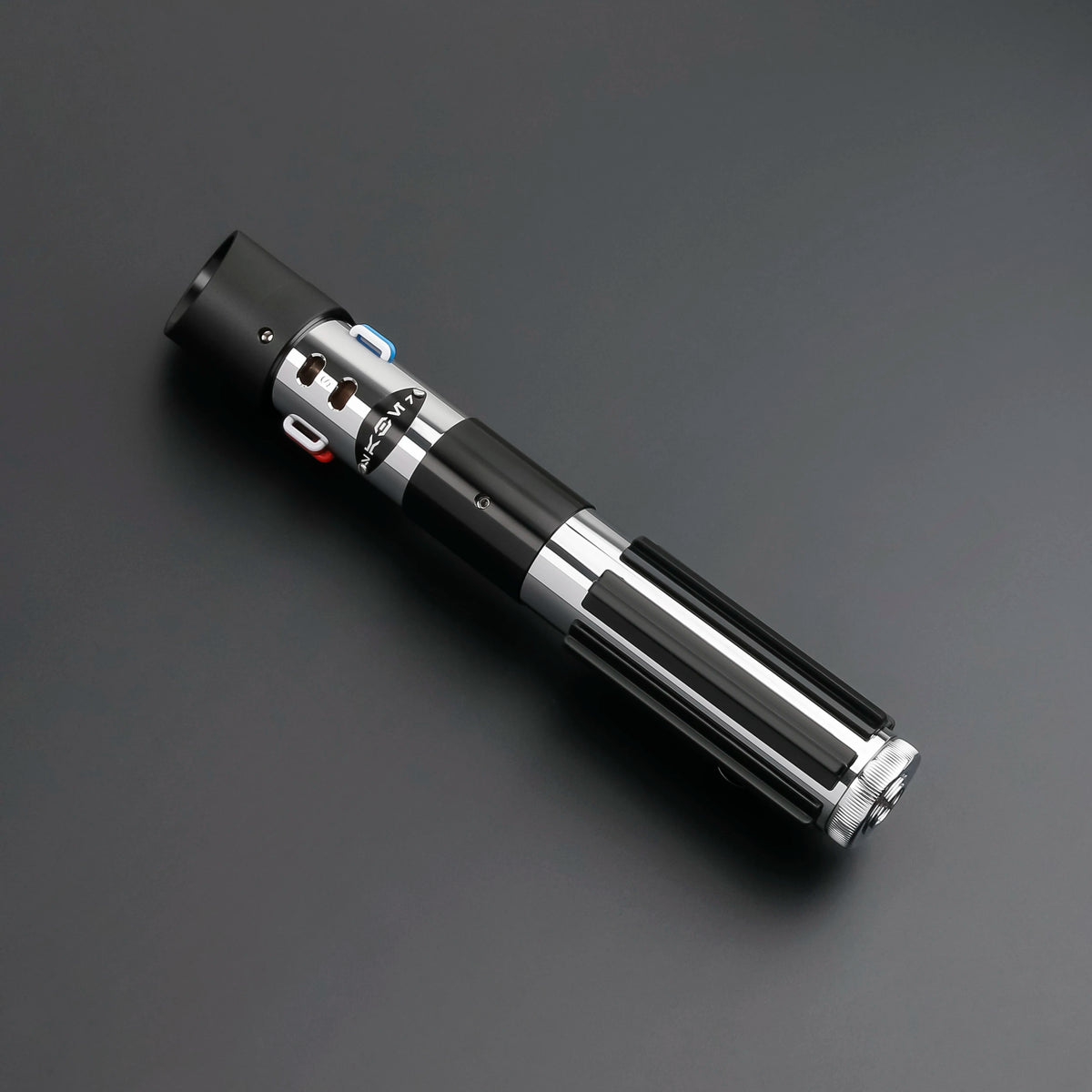 A black lightsaber with a silver hilt and blue accents, featuring a Darth Vader Neopixel blade and a soundboard.