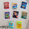 A collection of ten colorful branded potato chip snacks including Sun Chips, Fritos Scoops, Doritos, Takis, and Cheetos.