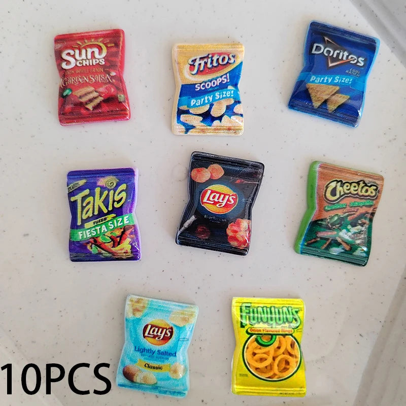 A collection of ten colorful branded potato chip snacks including Sun Chips, Fritos Scoops, Doritos, Takis, and Cheetos.
