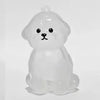 A clear, dog-shaped pet hair keepsake keychain with a smooth, rounded design.