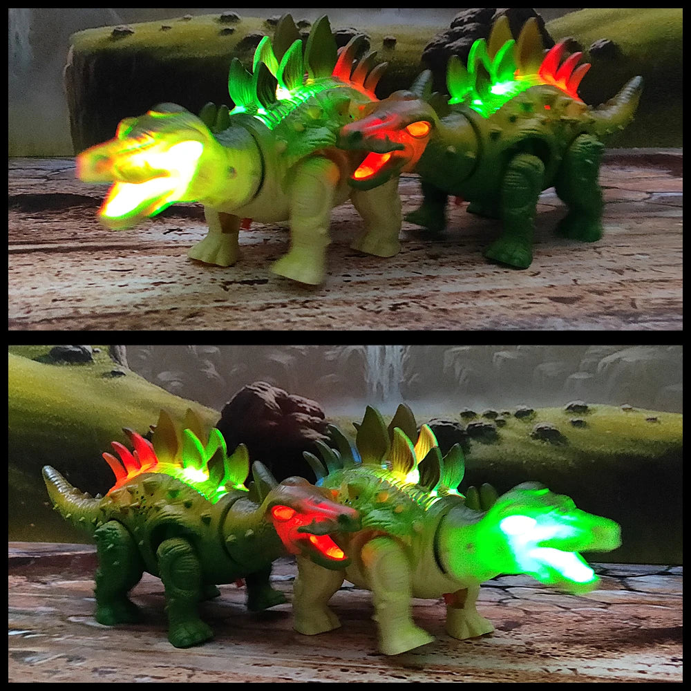 A green dinosaur toy with glowing orange and green lights is shown in two different poses.