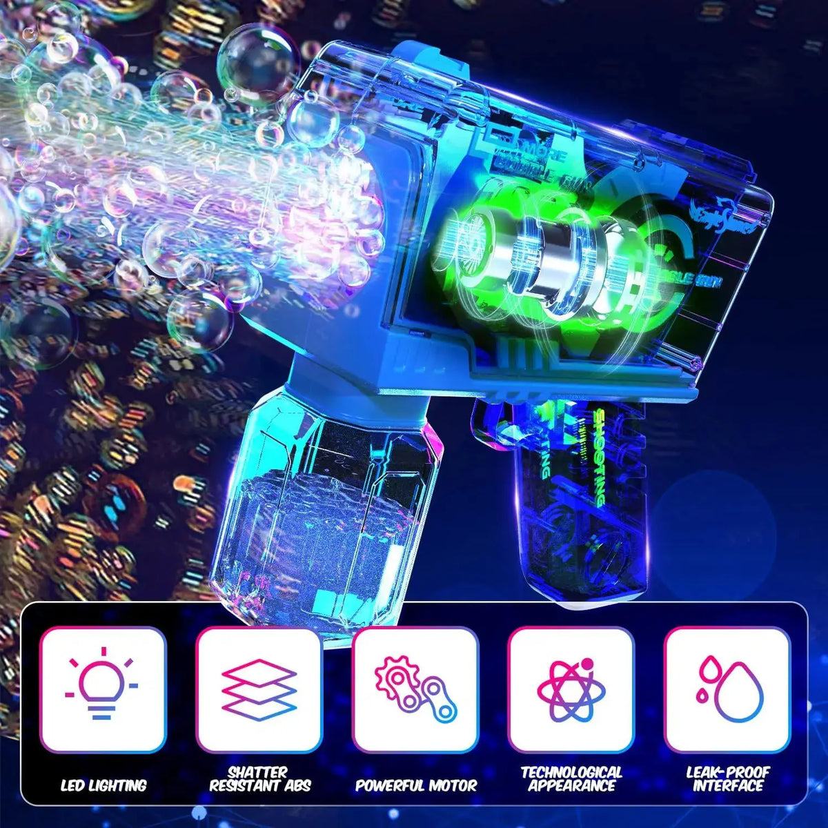 A close-up of a light-up bubble gun with a powerful motor and leak-proof interface firing bubbles.