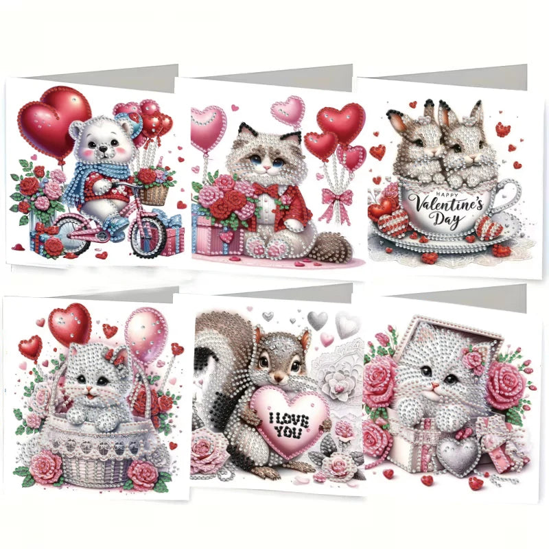 A set of diamond painting cards featuring cute animals and flowers for a birthday card.