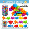 A set of 36 plastic animal pom-poms in various colors and sizes for counting and sorting.