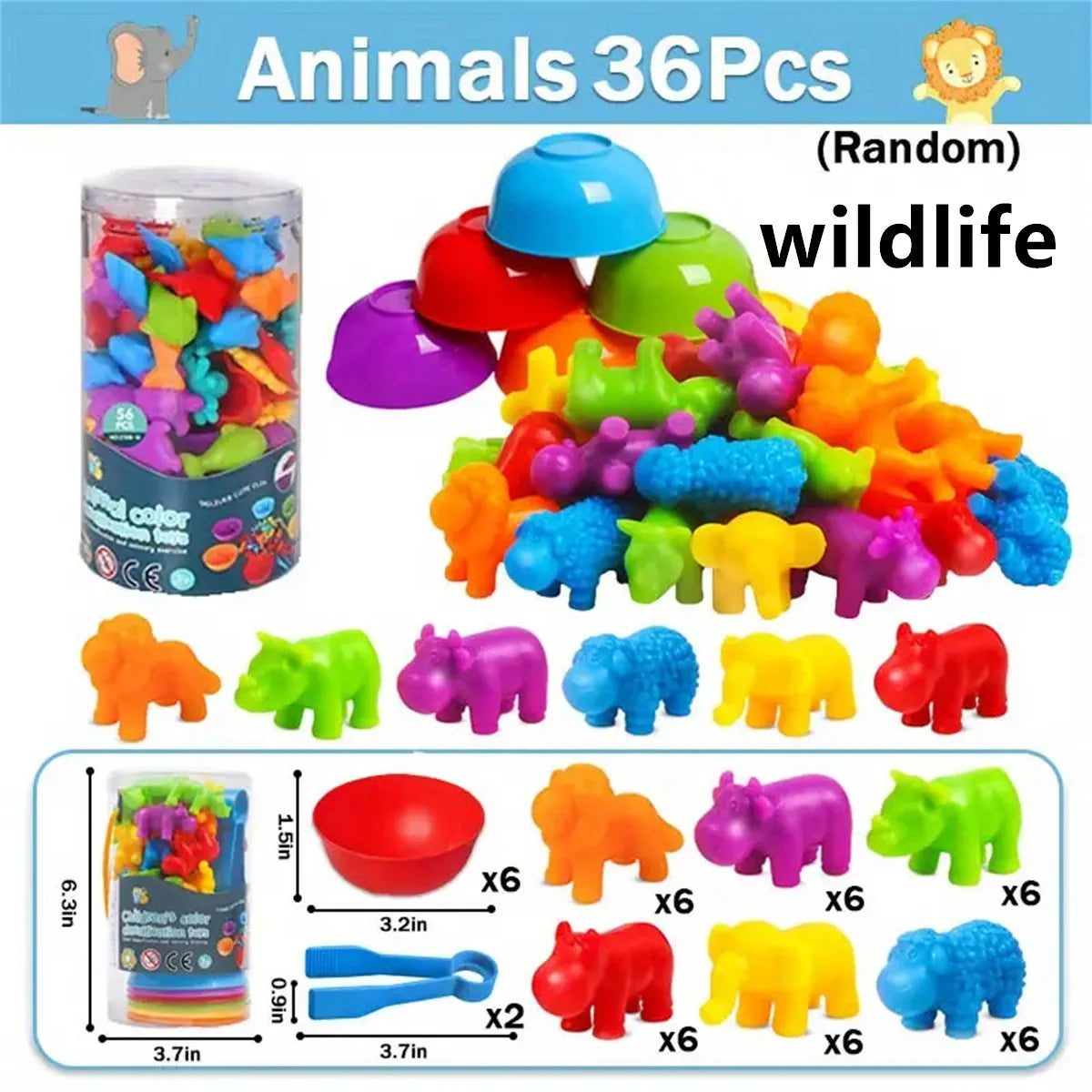 A set of 36 plastic animal pom-poms in various colors and sizes for counting and sorting.