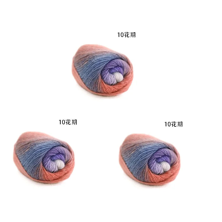Three skeins of hand-dyed rainbow merino wool yarn showing different shades and twists.