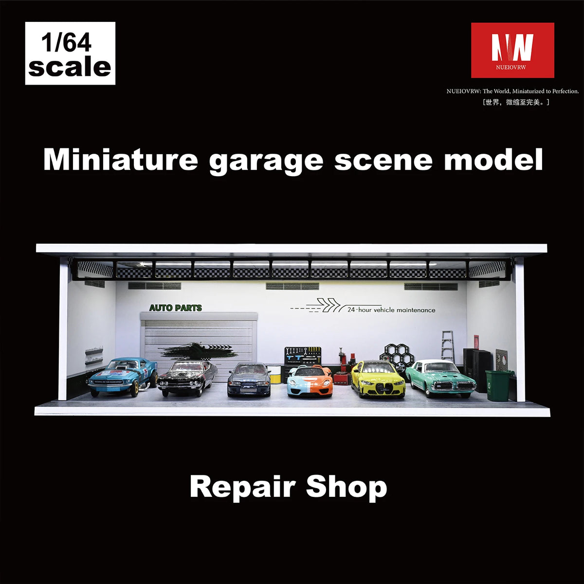 A miniature garage scene model featuring several die-cast cars displayed on a shelf inside a shop setting.