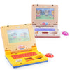 A pink toddler learning laptop toy with a keyboard and screen is shown alongside its disassembled components.