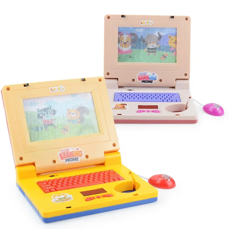A pink toddler learning laptop toy with a keyboard and screen is shown alongside its disassembled components.