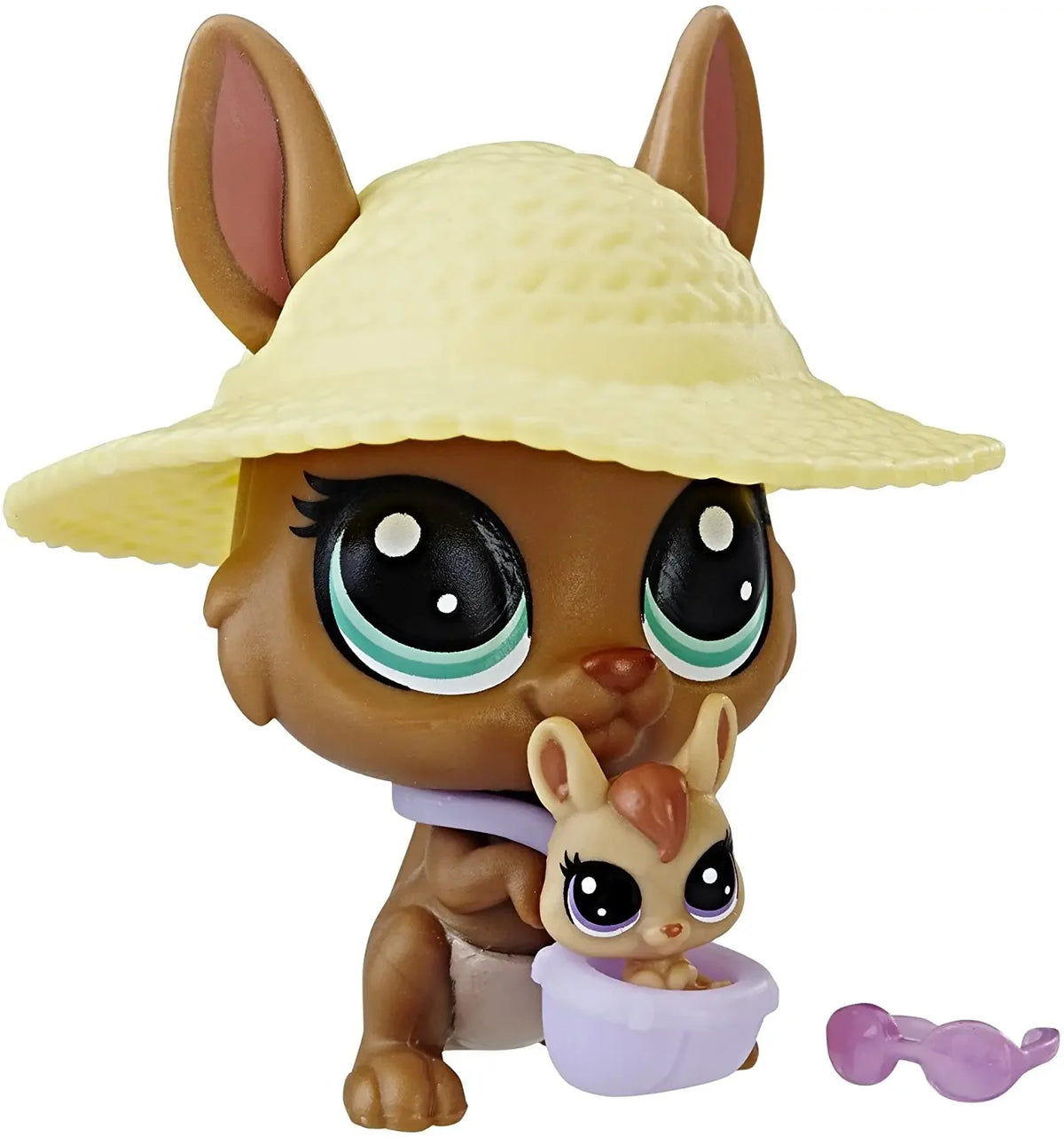 A brown animal figure with large eyes and a straw hat, holding a smaller, light-colored animal figure.