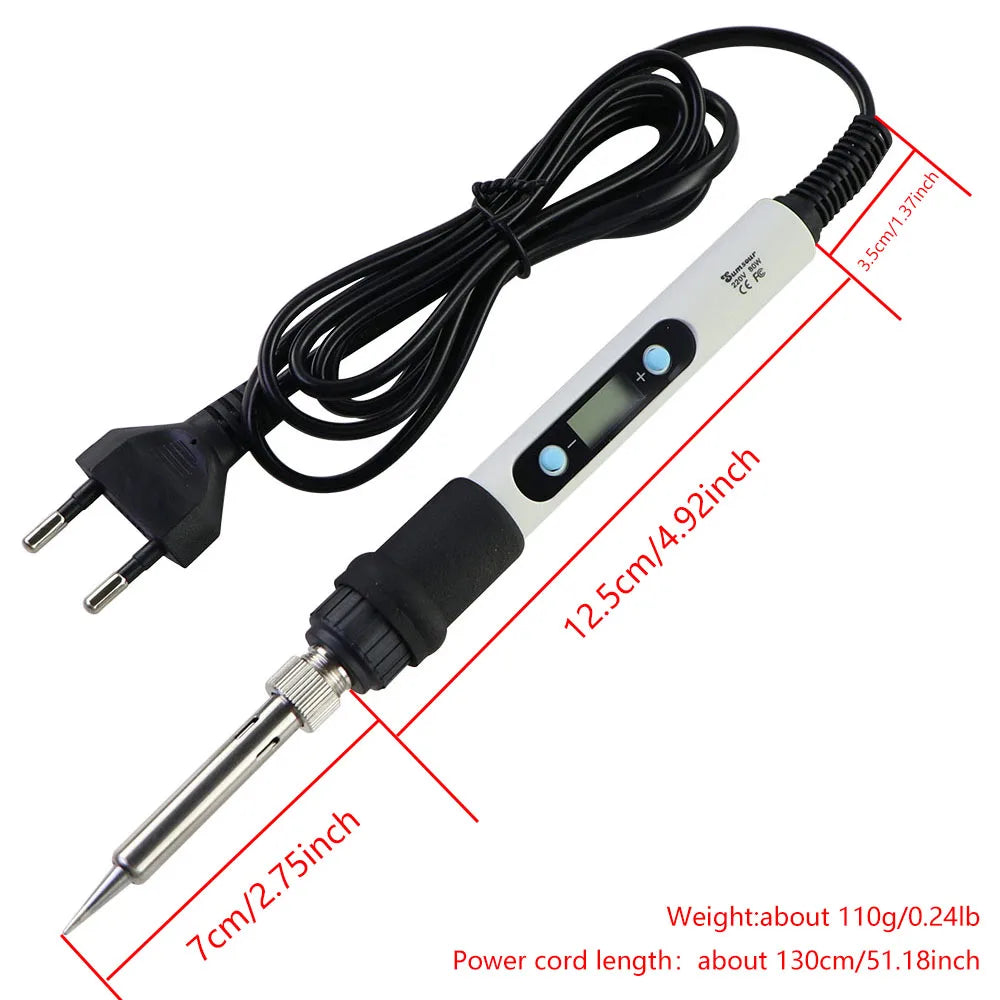 A white precision soldering iron with a digital display and adjustable temperature, shown with its power cord.