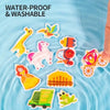 A collection of water-proof and washable animal stickers including a dinosaur, a unicorn, a bird, a lion, a princess, a train