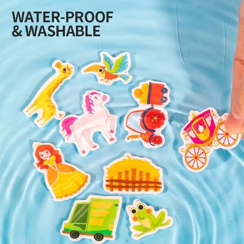 A collection of water-proof and washable animal stickers including a dinosaur, a unicorn, a bird, a lion, a princess, a train