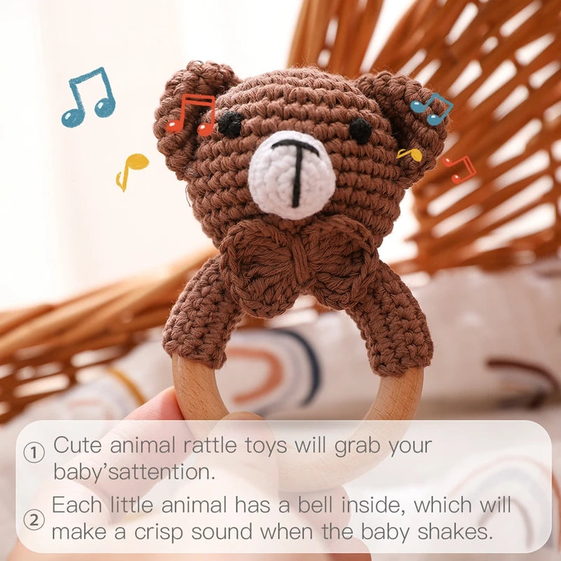 Handcrafted Wooden Crochet Animal Rattle for Babies