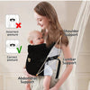 A woman demonstrates the correct posture for a baby carrier, showing proper shoulder, lumbar, and abdominal support.