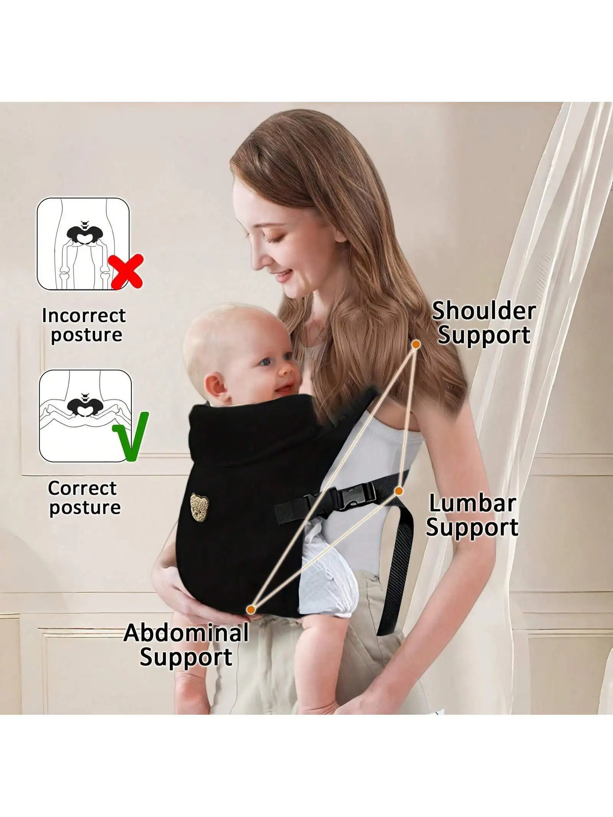 A woman demonstrates the correct posture for a baby carrier, showing proper shoulder, lumbar, and abdominal support.