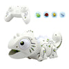 A white remote control chameleon toy with various modes shown alongside icons of different animals.