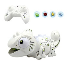 A white remote control chameleon toy with various modes shown alongside icons of different animals.