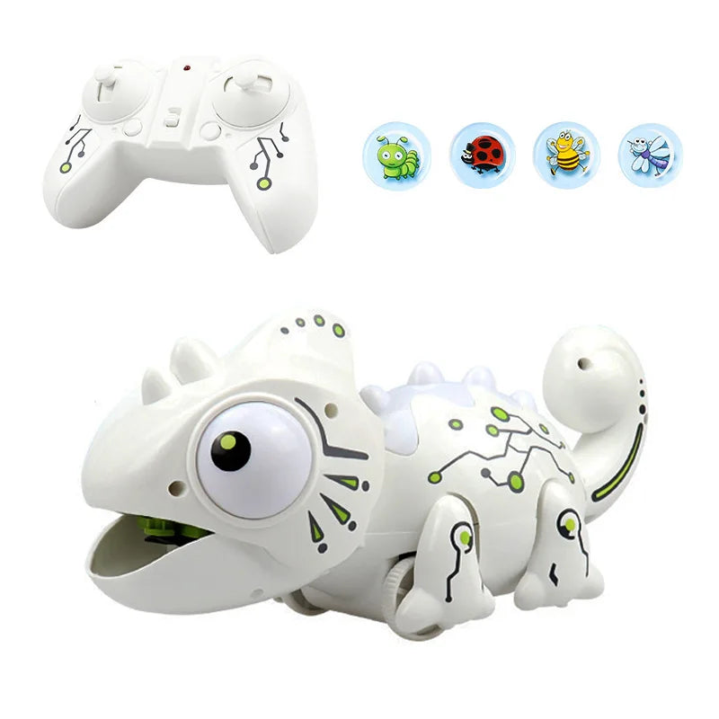 A white remote control chameleon toy with various modes shown alongside icons of different animals.