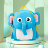 A bright blue elephant 3D animal kids backpack with pink ears and yellow accents sitting on a white stand.