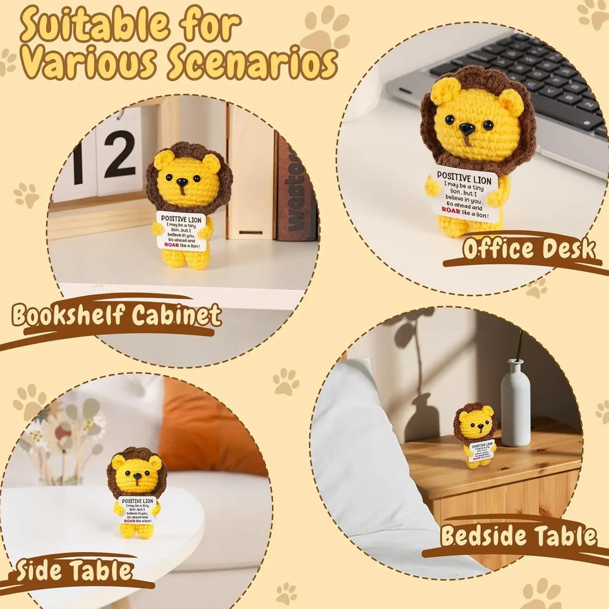 A yellow crochet lion doll with a positive message card displayed on an office desk, bookshelf cabinet, and bedside table.