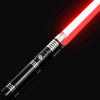 A black lightsaber with a red blade is shown diagonally against a dark background.