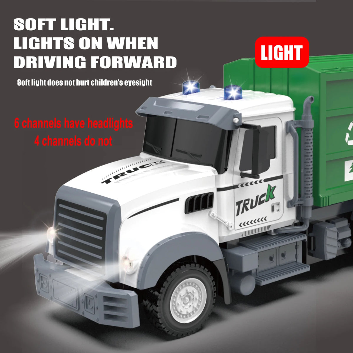 A white truck is shown with green cargo, featuring light bars and a red LIGHT label.