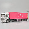 A pink and white Mercedes-Benz truck model with a container, featuring multiple axles and details.