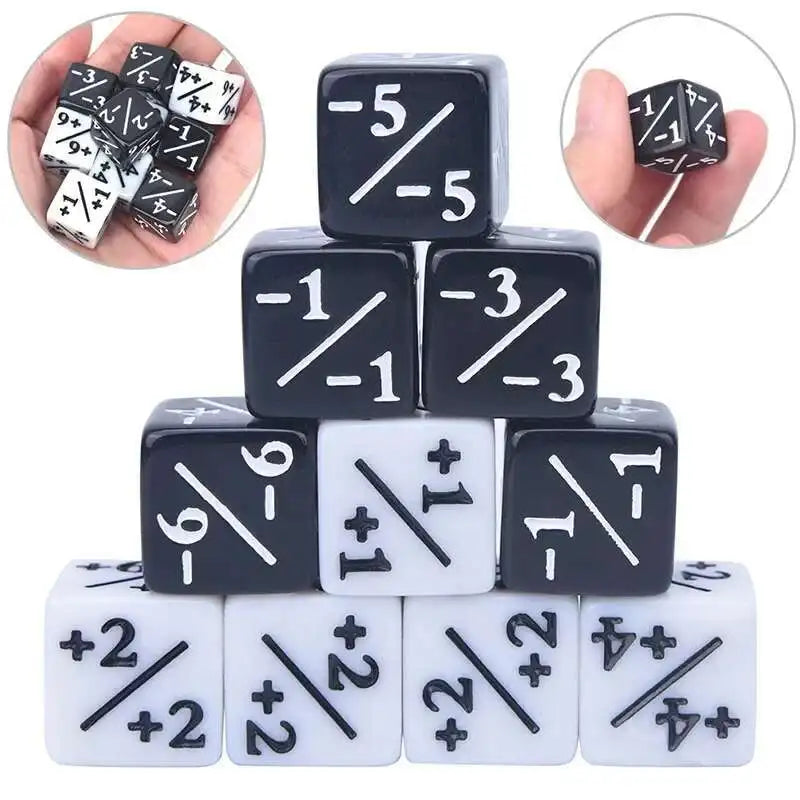 A stack of ten dual-color counting dice showing various positive and negative numbers.