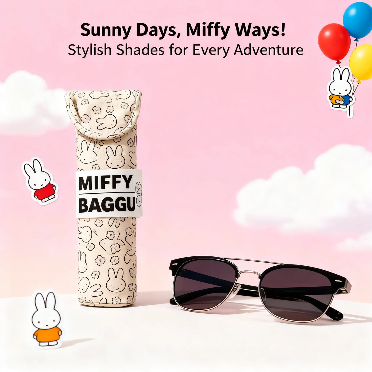 A pink background features a Miffy magnetic glasses case made of soft cotton storage bag with rabbit illustrations and a pair