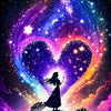 A vibrant illustration of a glowing heart formed by cosmic light, featuring a silhouette of a woman with flowing hair standin