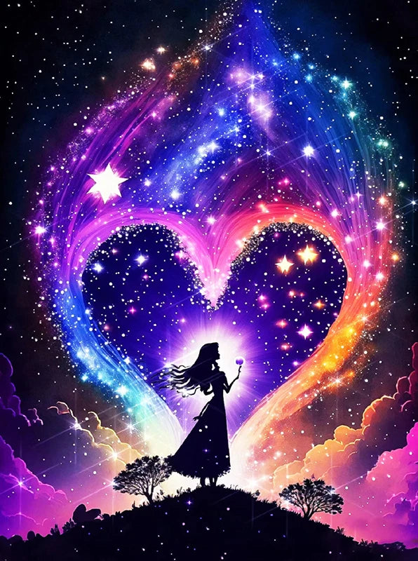 A vibrant illustration of a glowing heart formed by cosmic light, featuring a silhouette of a woman with flowing hair standin