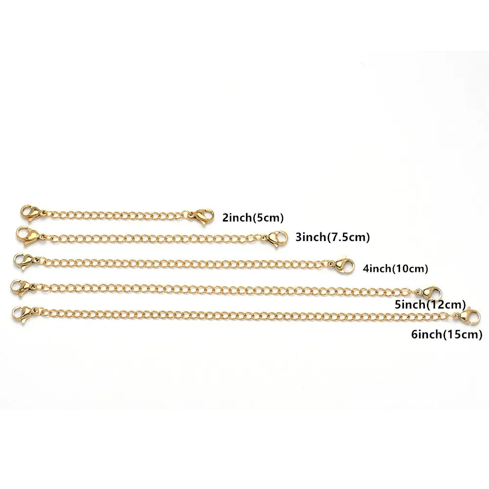 A collection of stainless steel jewelry extender chains in various lengths from 2 inches to 6 inches.